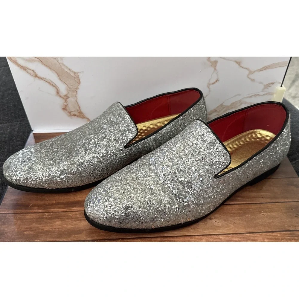 Sparkling Silver Loafers for Men Size 46 Prom Shoes US Size 12.5